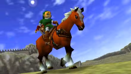 Um Link poligonal monta seu cavalo Epona em Legend of Zelda: Ocarina of Time
