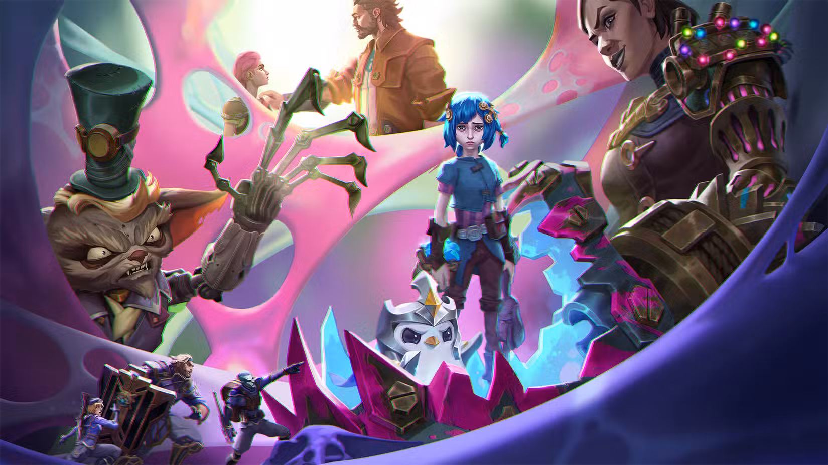 Arte principal do Conjunto 13 do TFT Into the Arcane, apresentando Powder Smeech e vários outros personagens Arcanos com estilo de arte do TFT