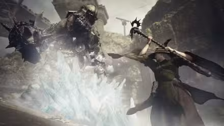 Um guerreiro usando um cajado lança um feitiço de gelo em um monstro gigante com armadura em uma captura de tela de Dragon's Dogma 2