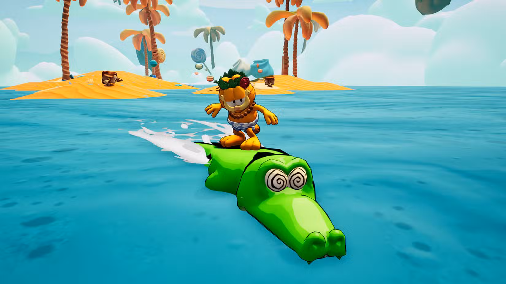 Garfield surfa nas costas de um crocodilo em Garfield - Escape From Monday.