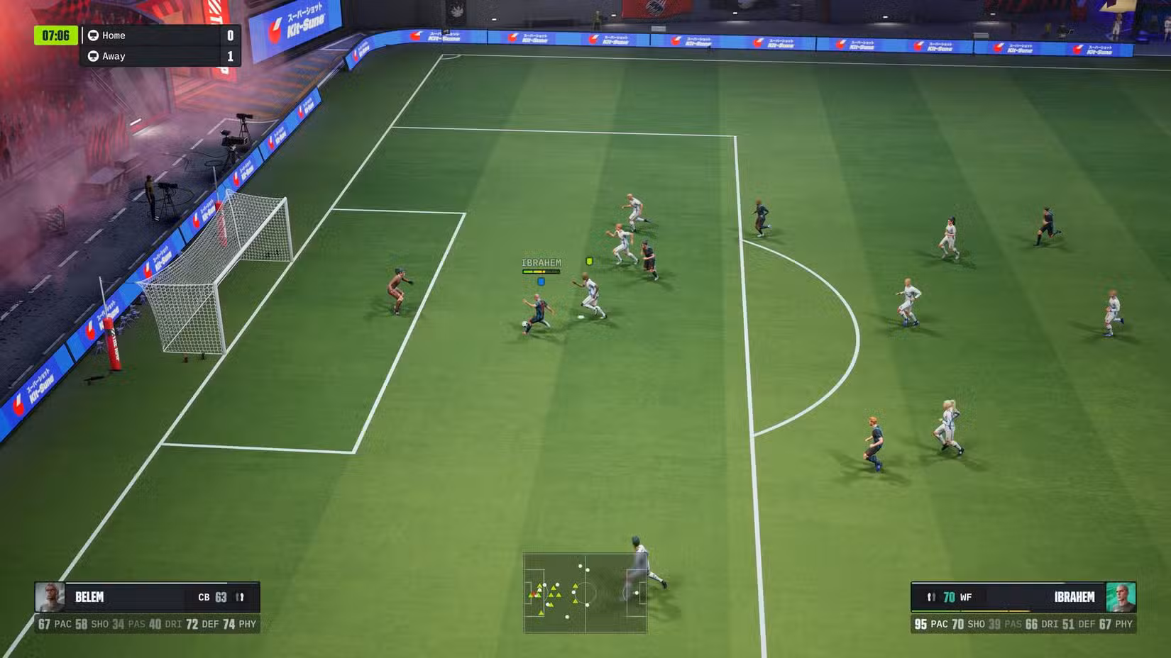 O jogador em Gols prestes a chutar para além do goleiro.