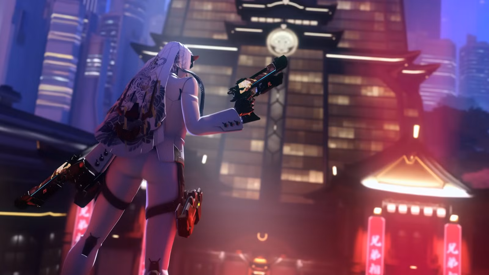 Shion olha para um prédio banhado por luz vermelha na 3ª temporada de Overwatch