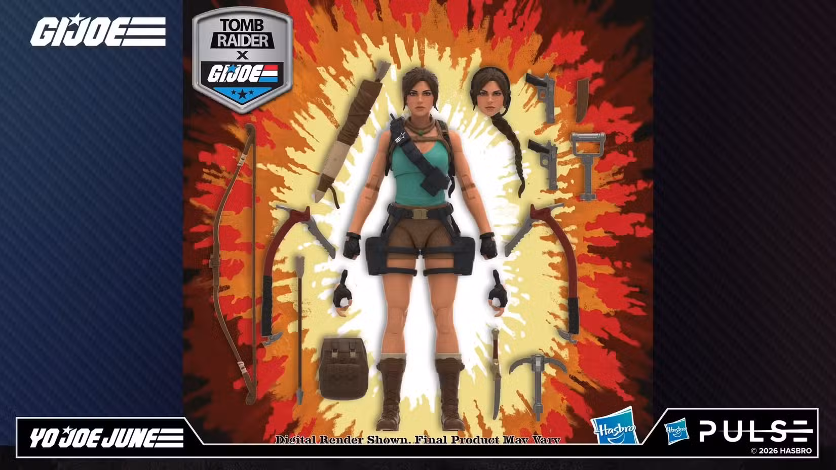 Uma figura de Lara Croft GI Joe com seus acessórios