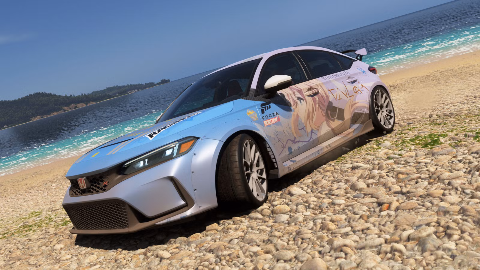 Um Honda Civic na praia em Forza Horizon 6.