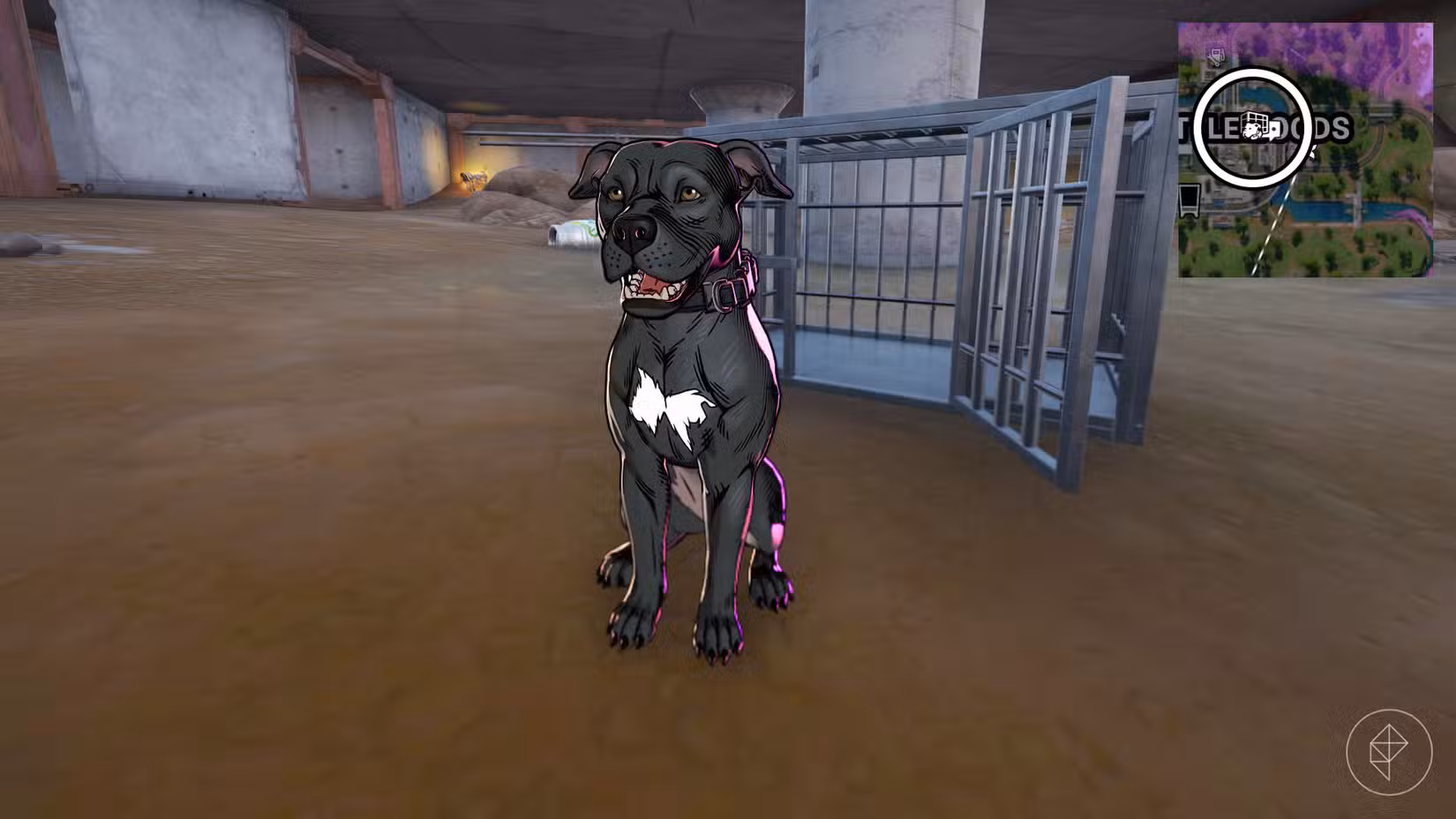 Um pitbull preto sentado no chão em frente a uma gaiola em Fortnite, junto com o ícone de um cachorro e uma gaiola no minimapa.