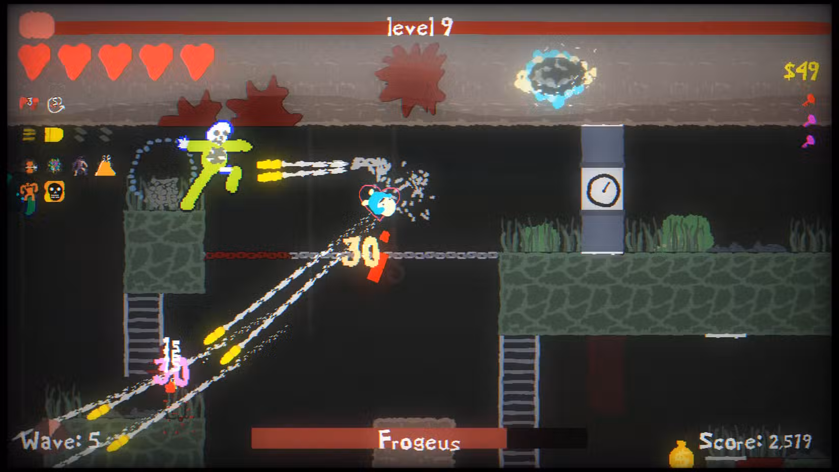 Um personagem dispara tiros enquanto caminha em plataformas em Blood Dungeon.