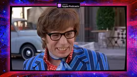 Gráfico apresentando o personagem Mike Myers Austin Powers e uma foto de Maggie Mae Fish