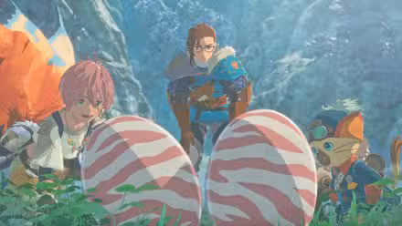 O personagem principal de Monster Hunter Stories 3 olhando alguns ovos