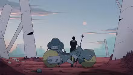 Uma figura solitária está na frente de uma bicicleta futurista em uma floresta alienígena segurando um cajado enquanto olha para um céu claro em Scavengers Reign.