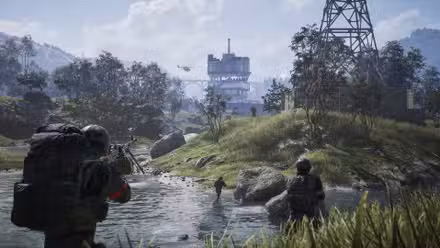 Três soldados em Wardogs mirando no mapa próximo a um riacho.