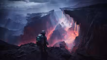 Jan olhando para um rio de lava em The Alters.