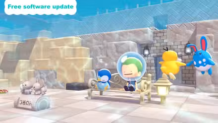 O novo DLC de Pokémon Pokopia, Bubbly Basin, junto com alguns dos novos monstros que Ditto pode encontrar. 