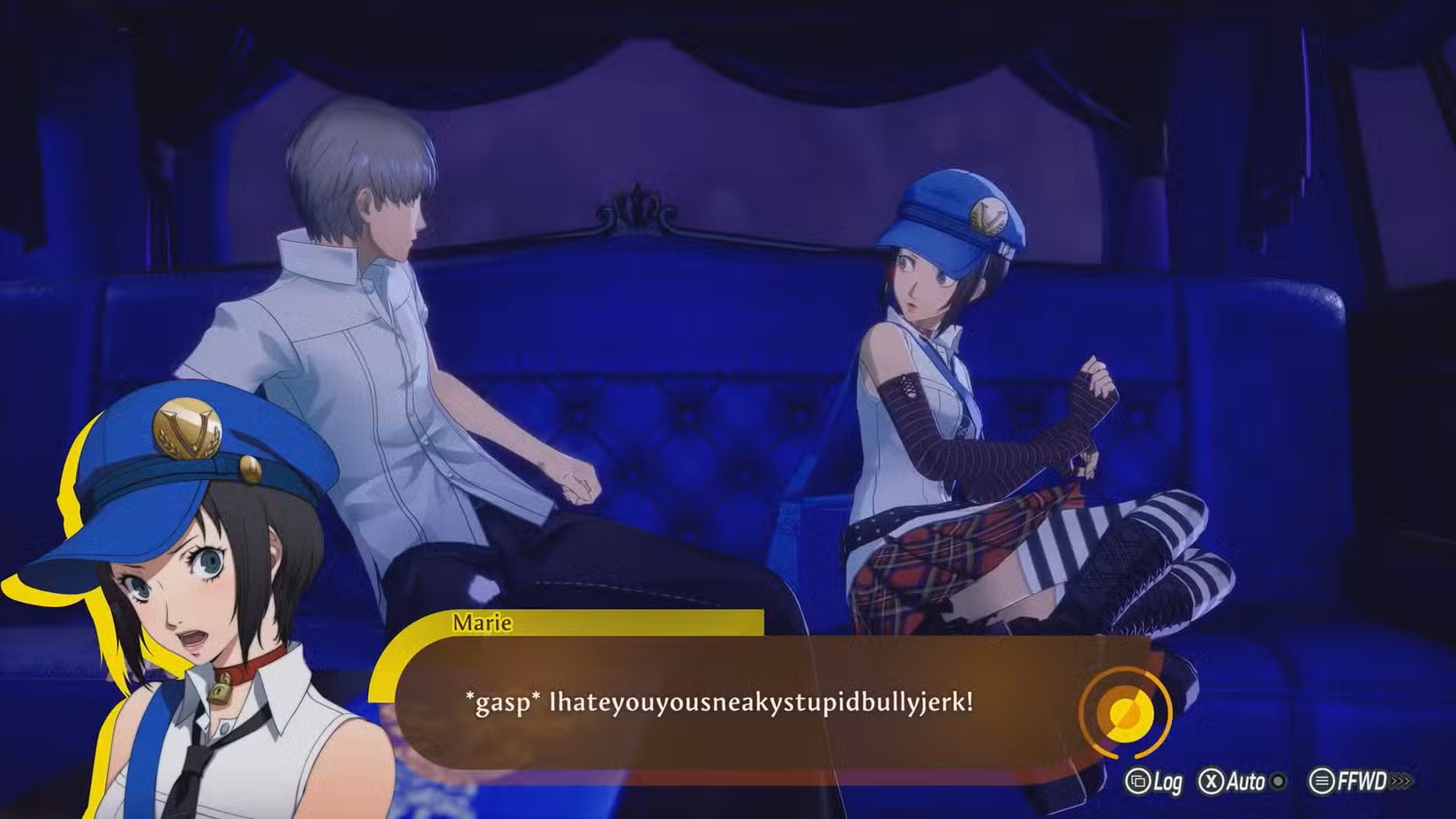 Uma captura de tela do Persona 4 Revival mostrando Marie conversando com o protagonista no Velvet Room