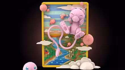Um cartão Mew Lego criado por um fã, que retrata o lendário com suas bolhas exclusivas.