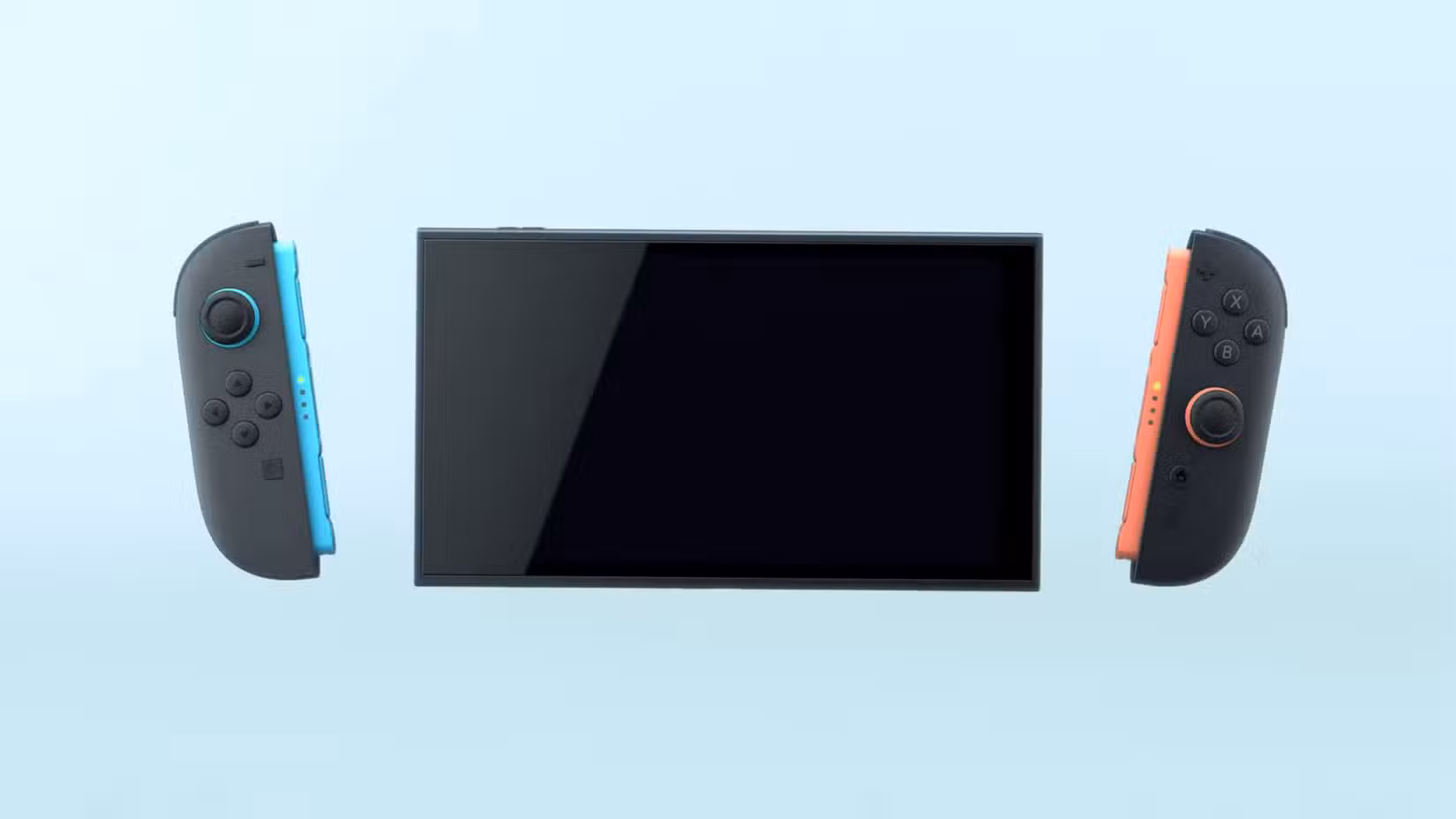 um Joy-Con azul e um Joy-Con vermelho flutuando nos lados esquerdo e direito do Nintendo Switch 2, respectivamente