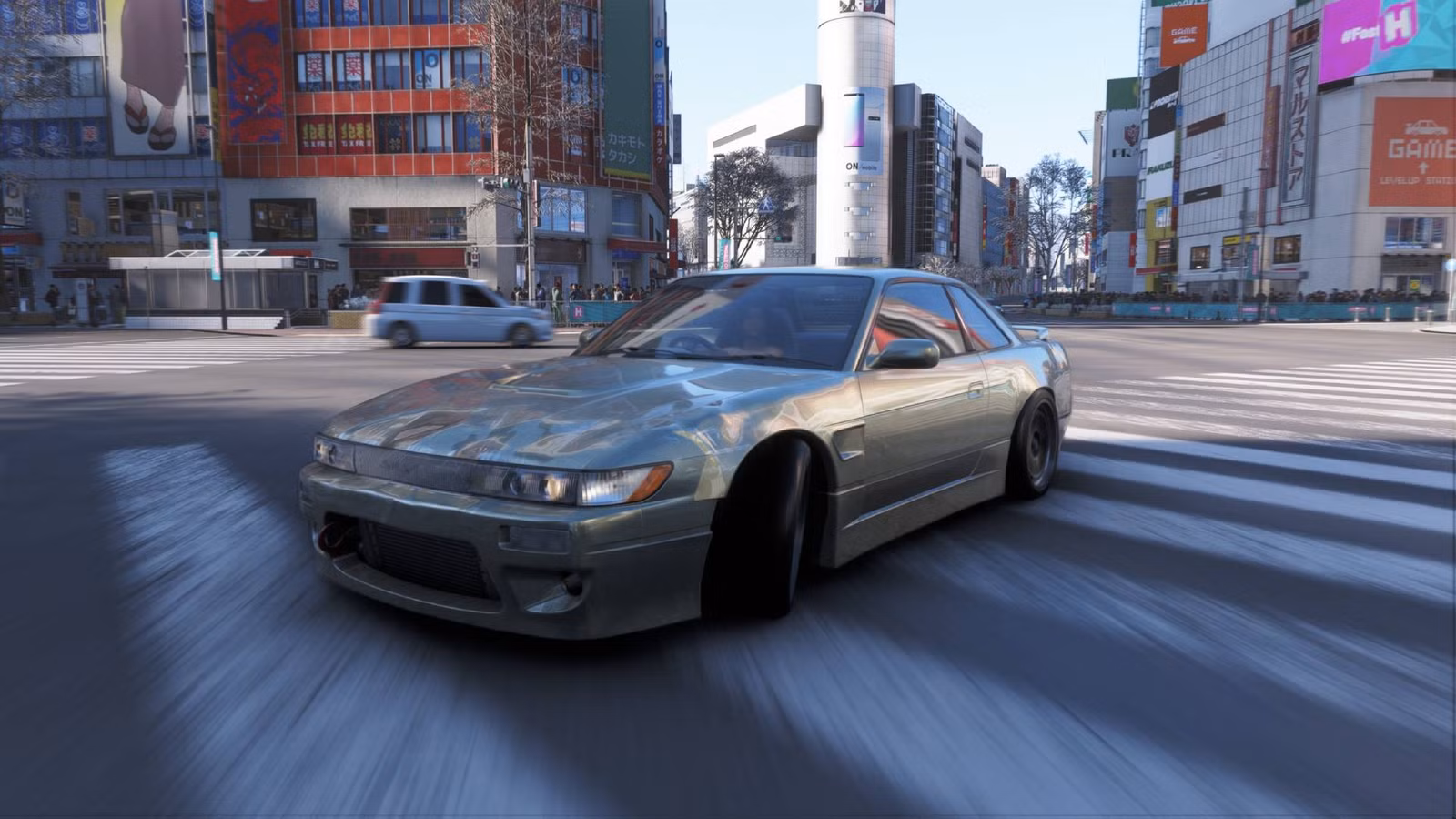 Um Nissan Silvia K está vagando pelo cruzamento de Shibuya no Forza Horizon 6.