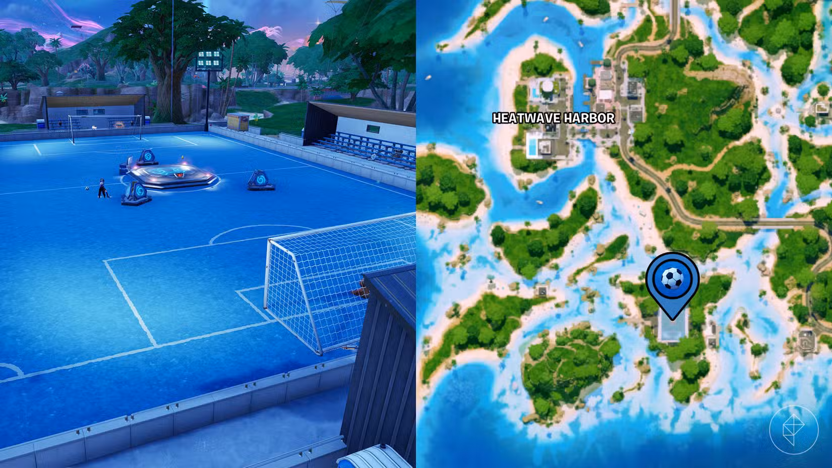 A localização de um campo de futebol azul marcado no mapa Fortnite Capítulo 7 Temporada 3.
