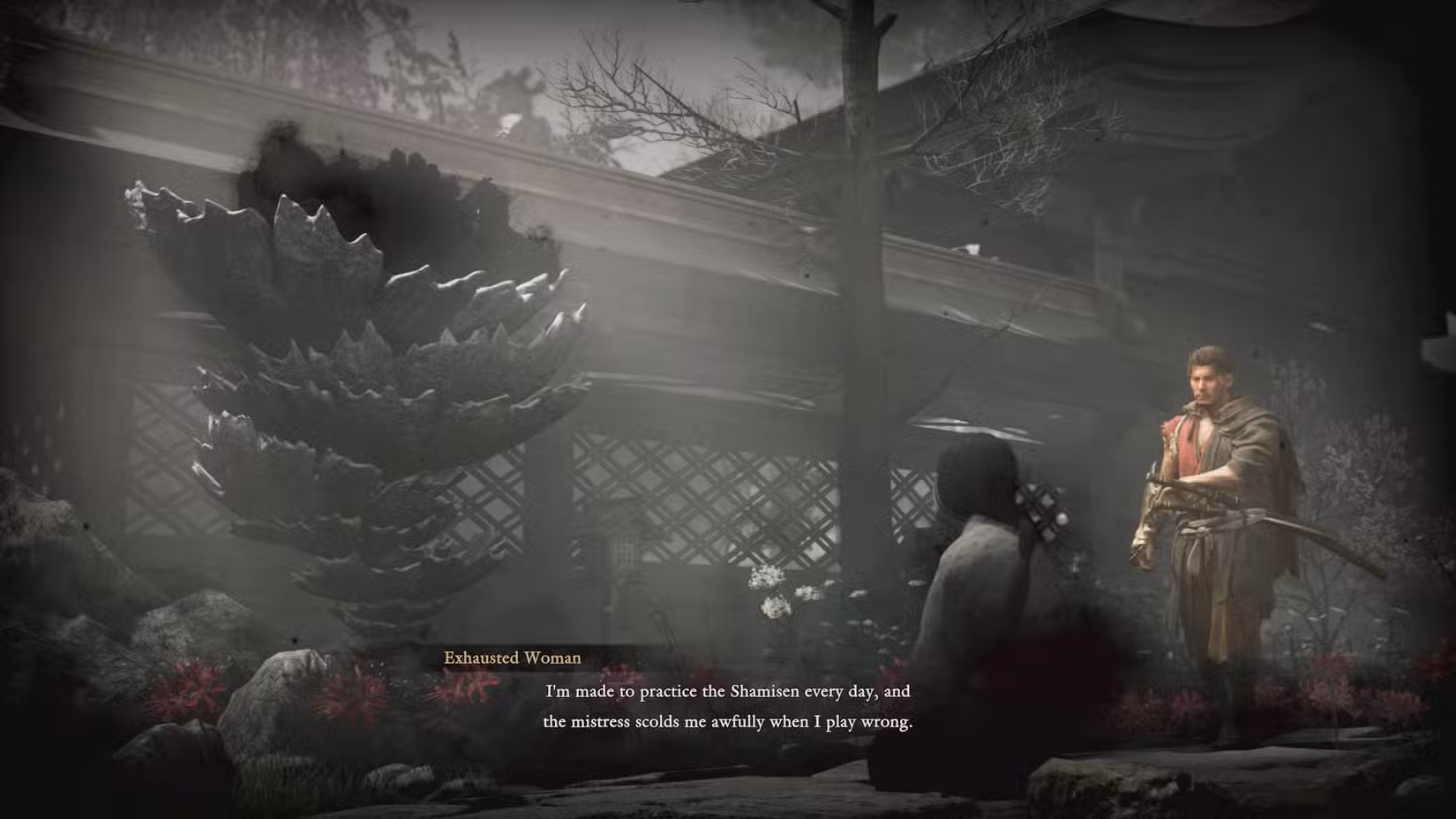 Miyamoto Musashi observa uma mulher falando com um Genma em uma captura de tela de Onimusha: Way of the Sword