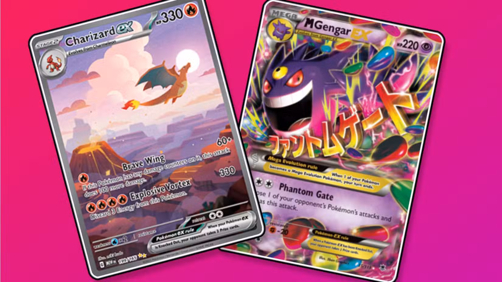Duas das cartas de Pokémon com maior probabilidade de serem falsas, de acordo com a PSA. Uma é uma carta Charizard e a outra é uma carta Gengar.