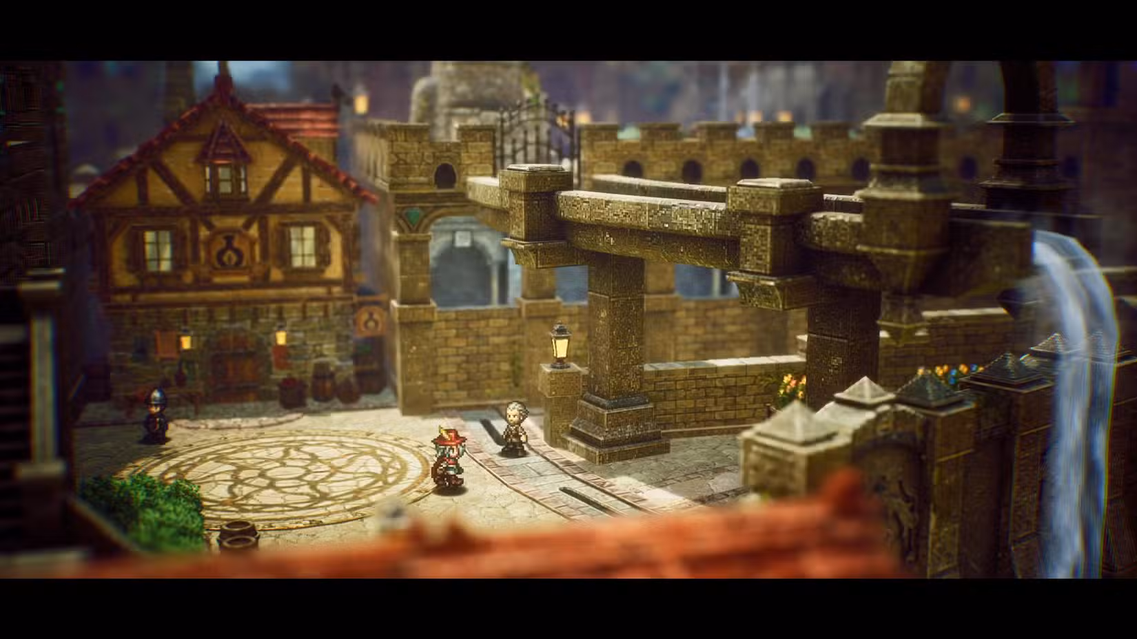 Personagens de pixel art estão em uma cidade medieval em 3D exuberantemente renderizada