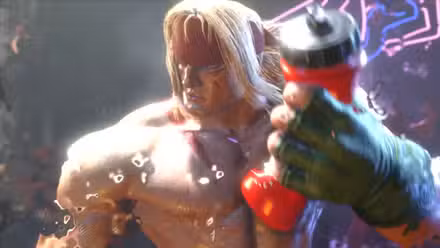 Alex, retratado em Street Fighter 6, esmagando uma garrafa de água