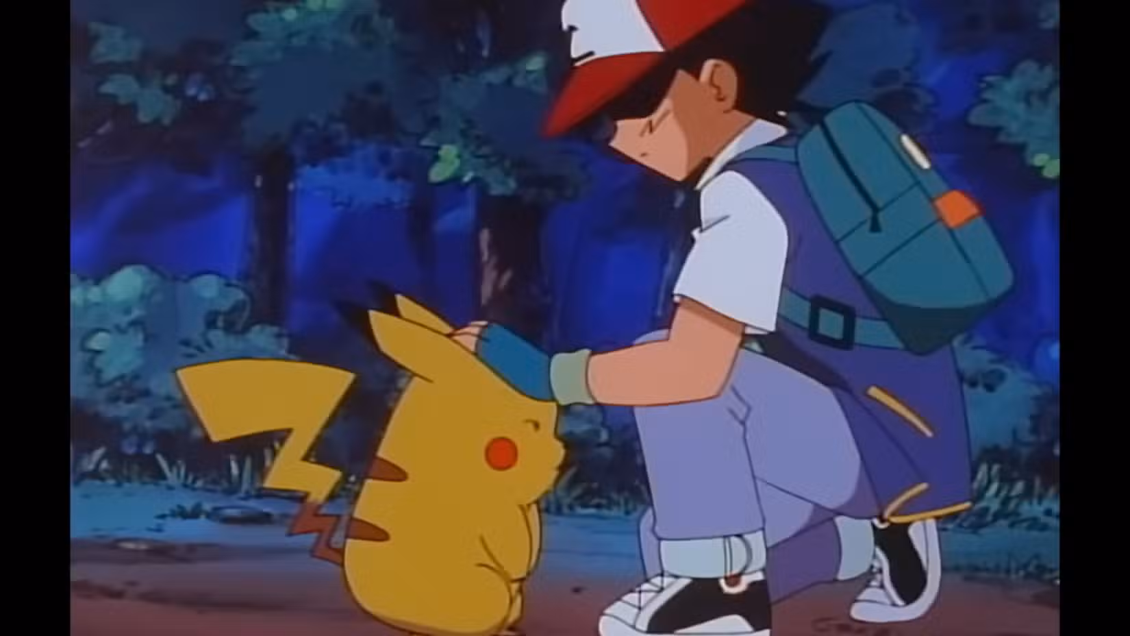 Ash dá um tapinha na cabeça de Pikachu, preparando-se para se separar permanentemente. Ambos parecem muito tristes com isso.