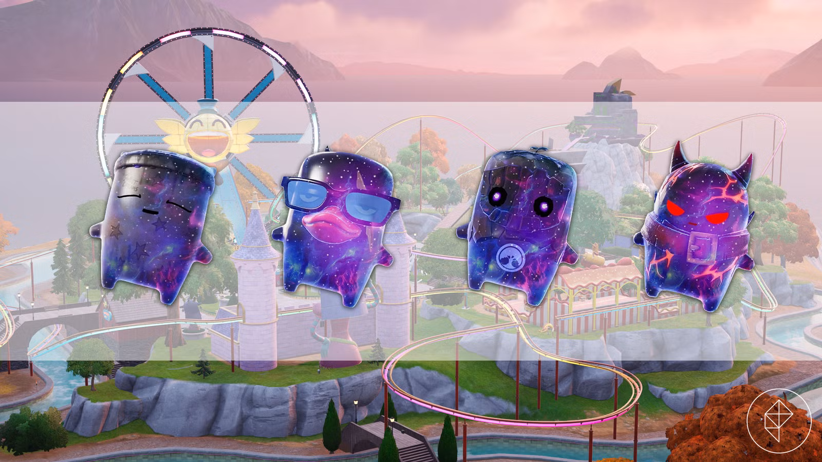 Variantes Galaxy Sprite de Sleepy, Duck, Earth e Demon Sprite em cima de uma imagem de Wonkeeland em Fortnite.