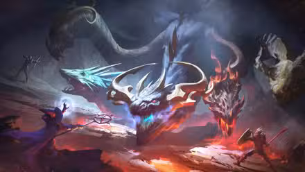 Arte conceitual da expansão Scorned Wilderness no RuneScape Dragonwilds, mostrando um dragão de cinco cabeças enquanto três jogadores se preparam para atacá-lo.
