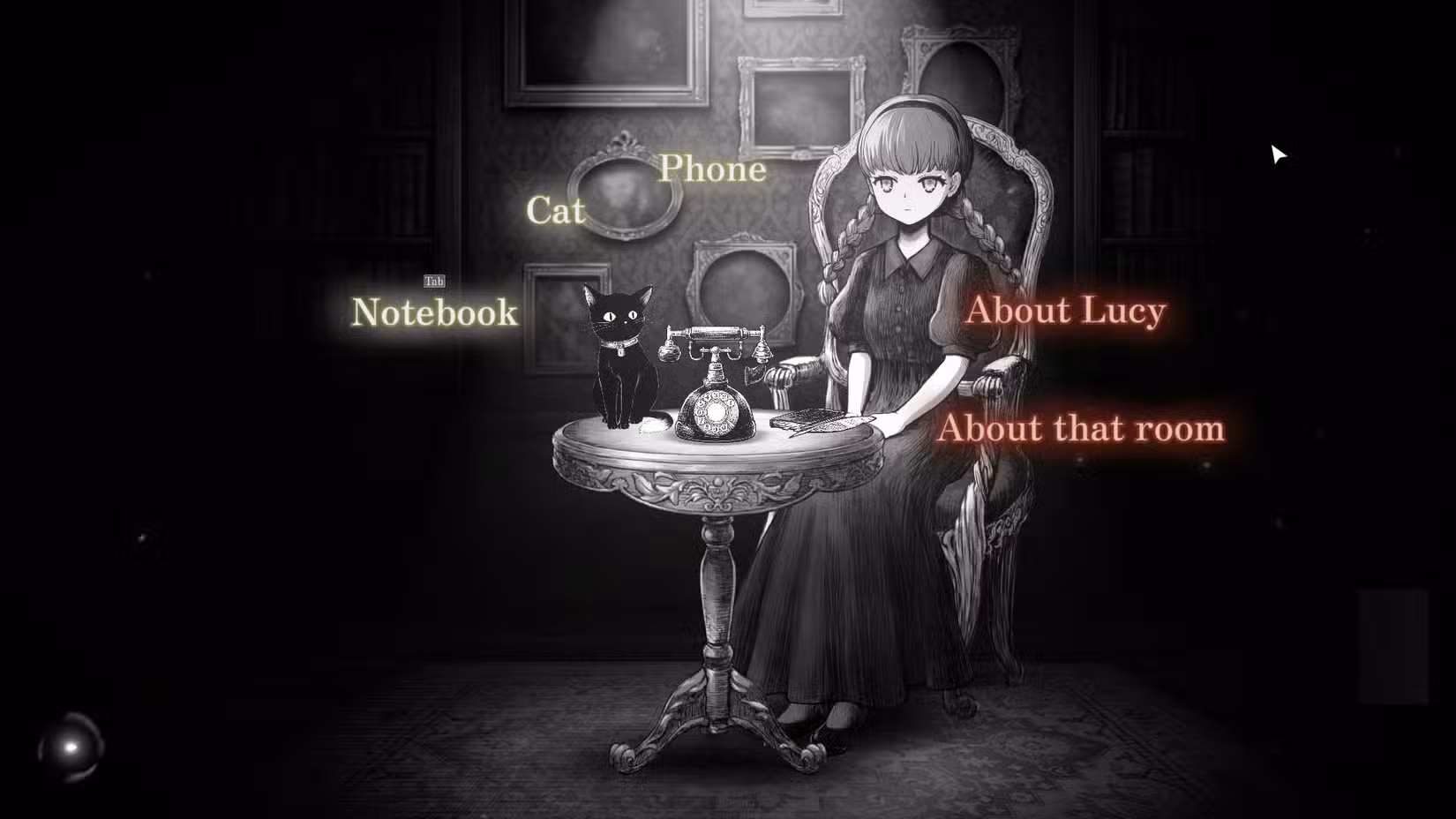 Uma captura de tela do Chamado de Schrödinger mostrando Mary e Hamlet, um gato preto.