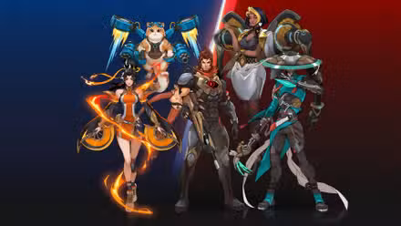 Linha de heróis da 1ª temporada de Overwatch 2026 com arte de Anran, Jetpack Cat, Emre, Domina e Mizuki