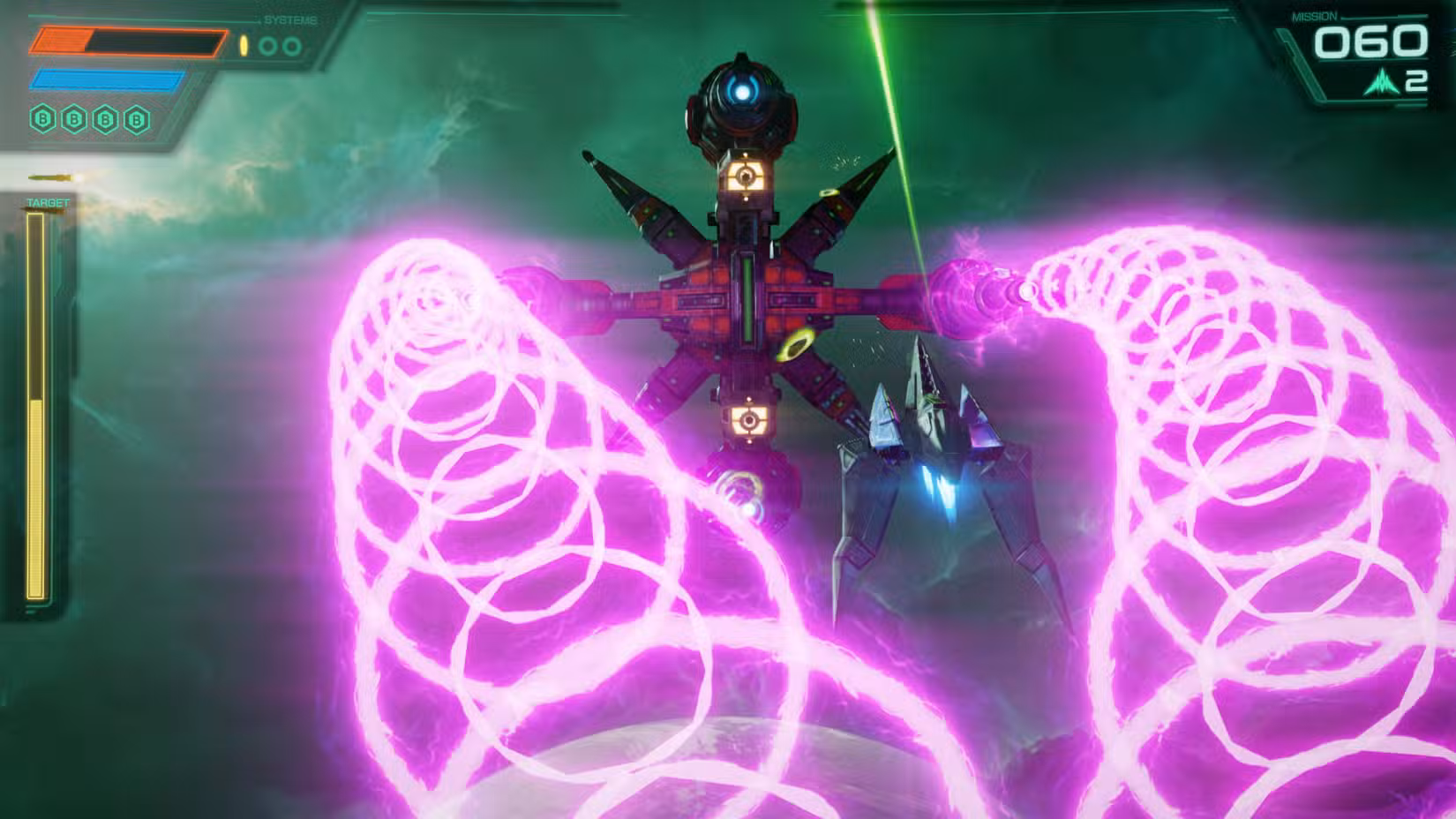 Um chefe atira em um Arwing em Star Fox.