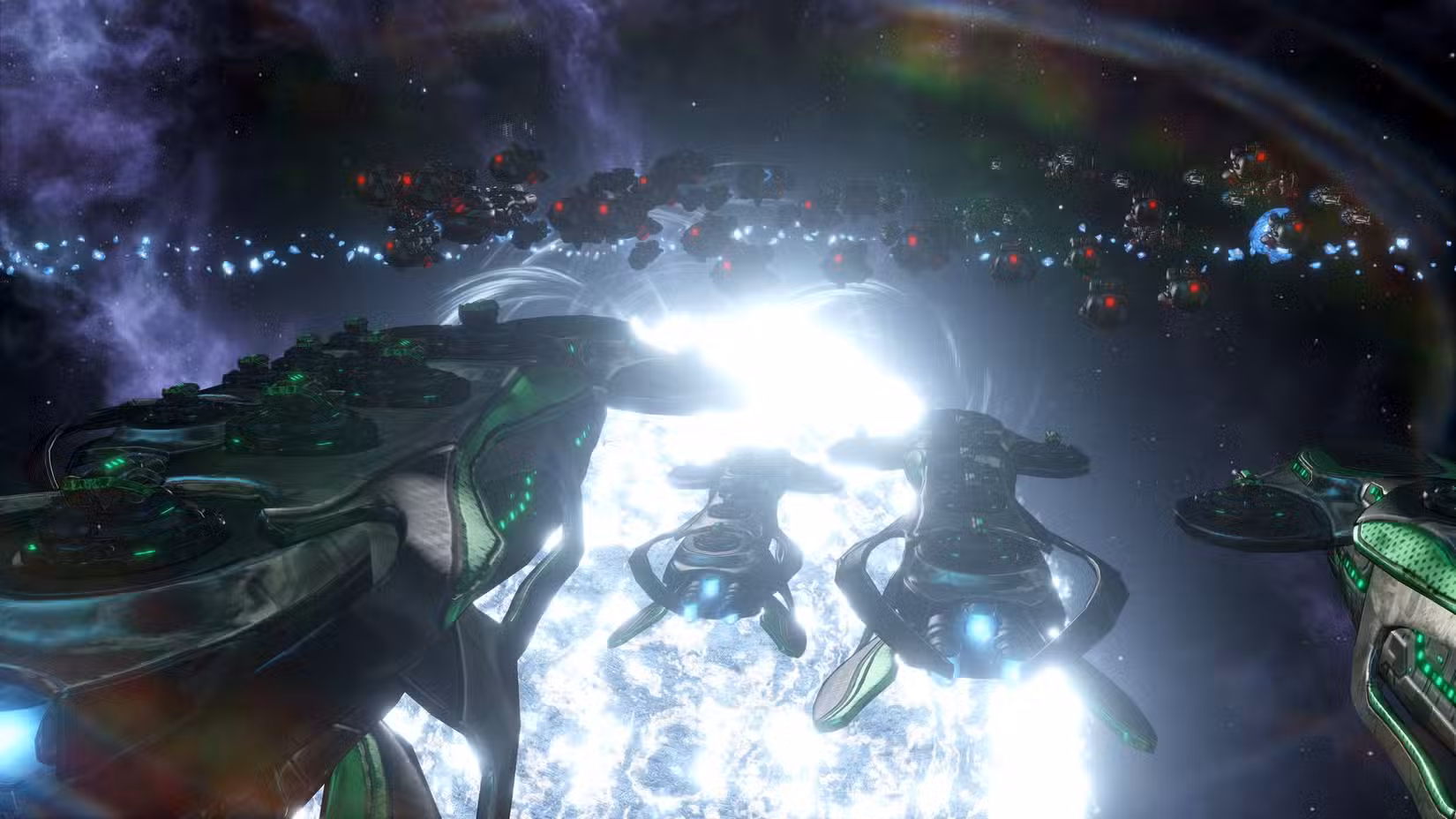 Uma captura de tela do Stellaris mostrando duas frotas opostas se enfrentando na órbita de uma estrela de nêutrons