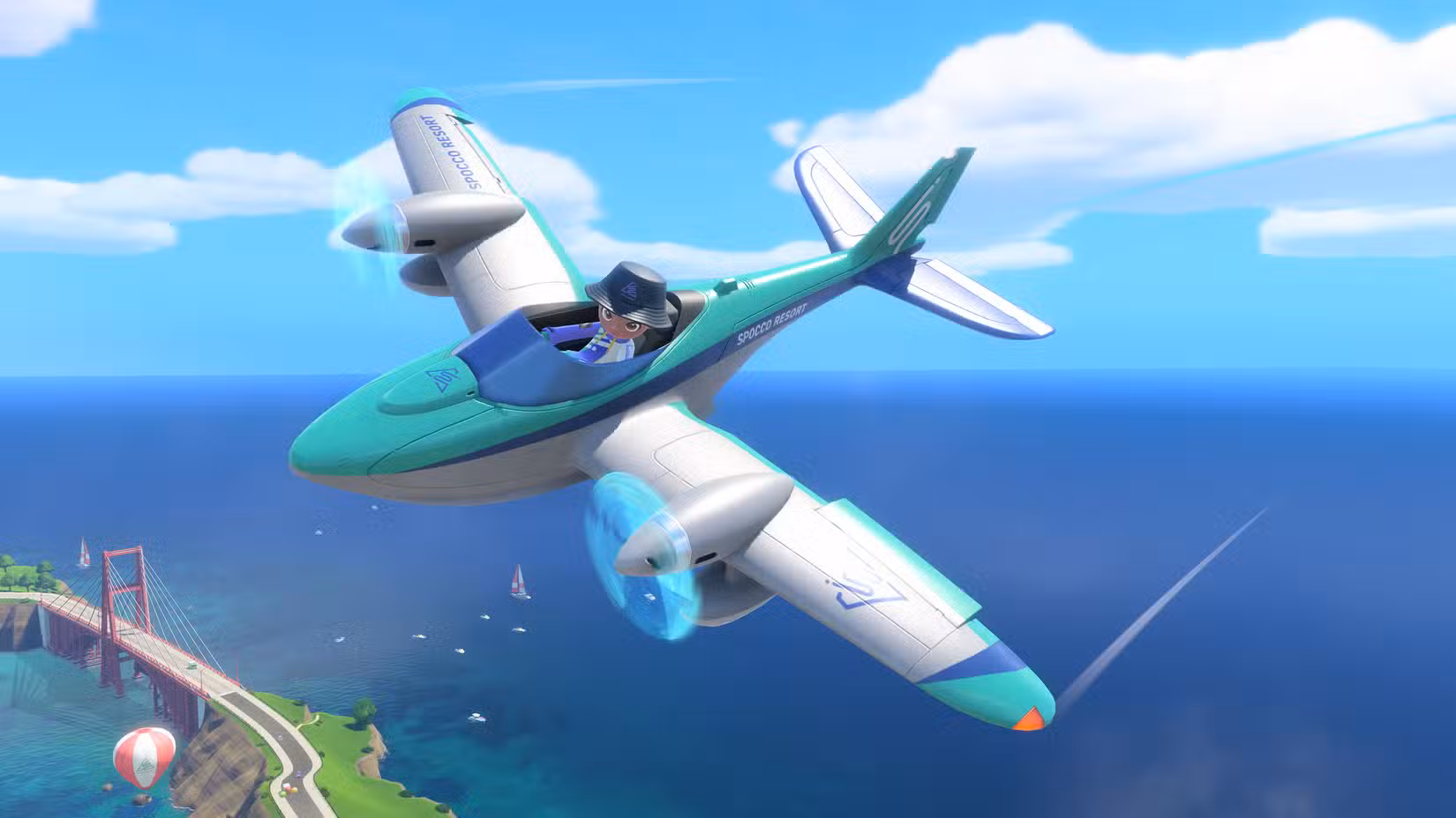 Um Mii pilota um avião a hélice sobre um mar azul