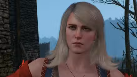 Keira Metz de The Witcher 3. Ela tem cabelo loiro claro e uma carranca no rosto. .Captura de tela de The Witcher 3.