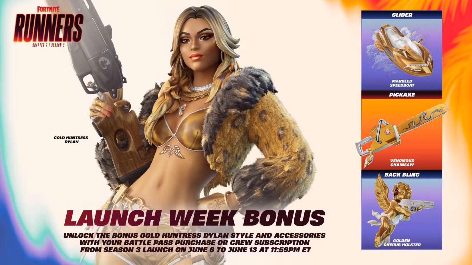 A skin de Dylan obtida na compra do passe de batalha Fortnite durante a semana de lançamento, junto com três acessórios.