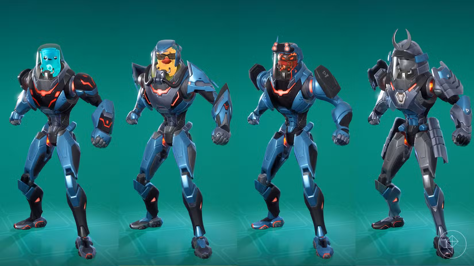 Roupa The Guardian de Fortnite em quatro estilos diferentes.