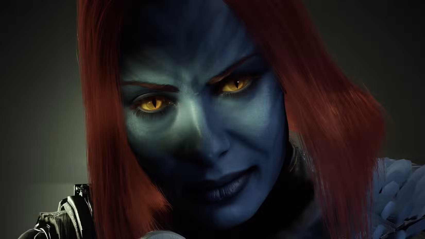 Um close da mutante ruiva e de pele azul Mystique em Wolverine da Marvel