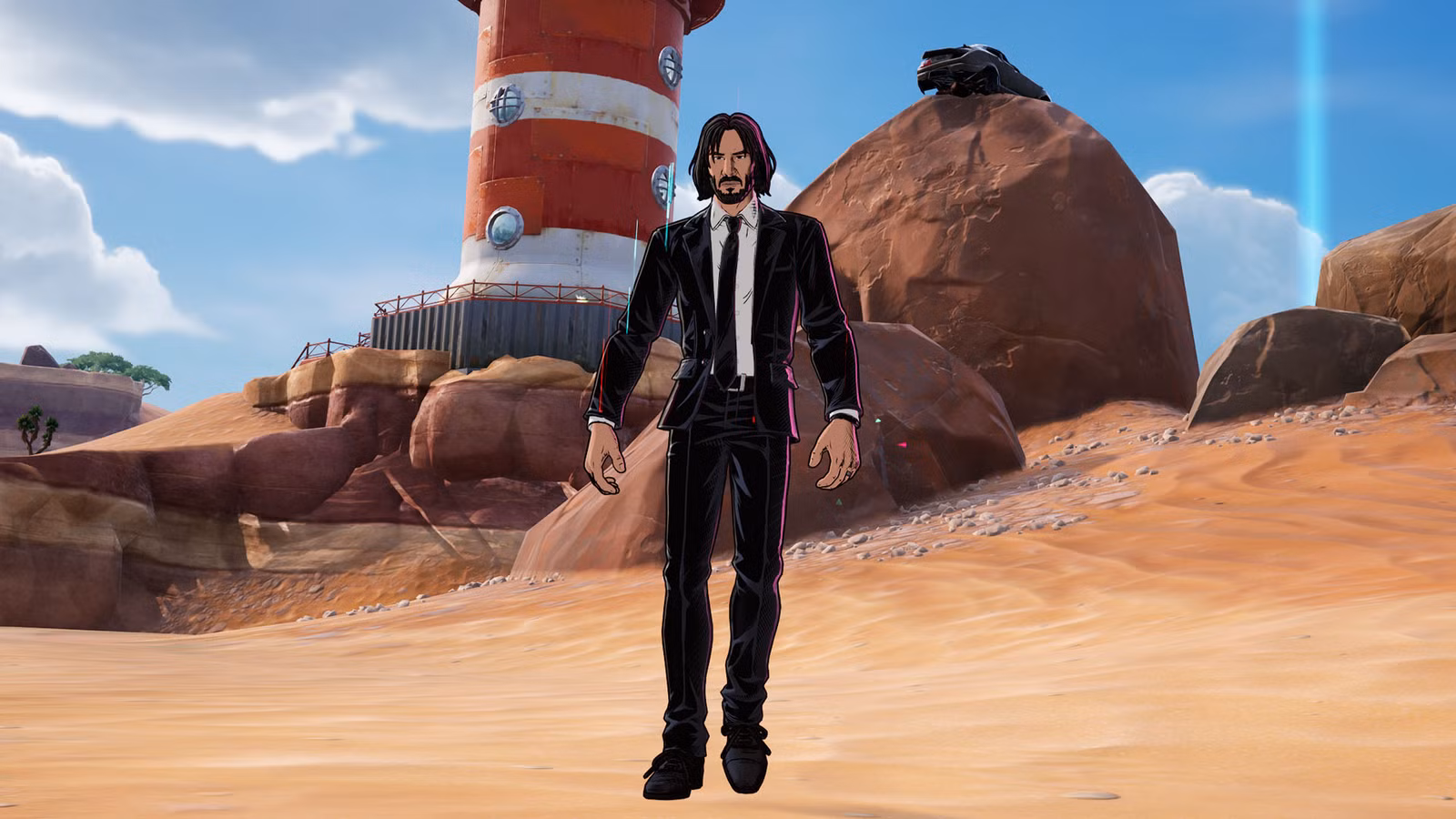 John Wick caminhando em uma praia em Fortnite.