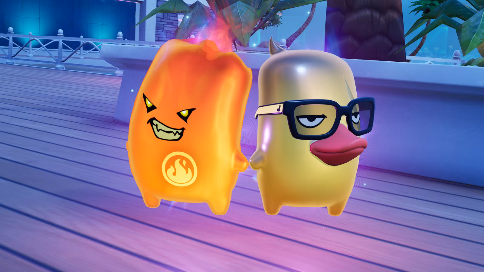 Um Fire Sprite e um Duck Sprite de mãos dadas em Fortnite.