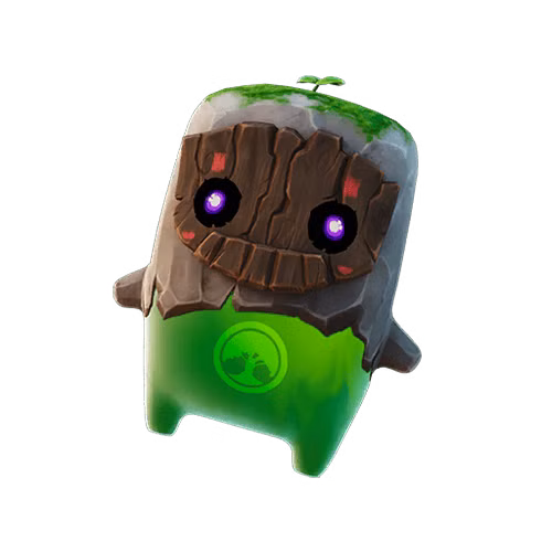 O Earth Sprite, uma criatura verde com máscara de madeira, de Fortnite.
