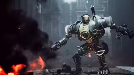 um grande robô steampunk em Clockwork Revolution