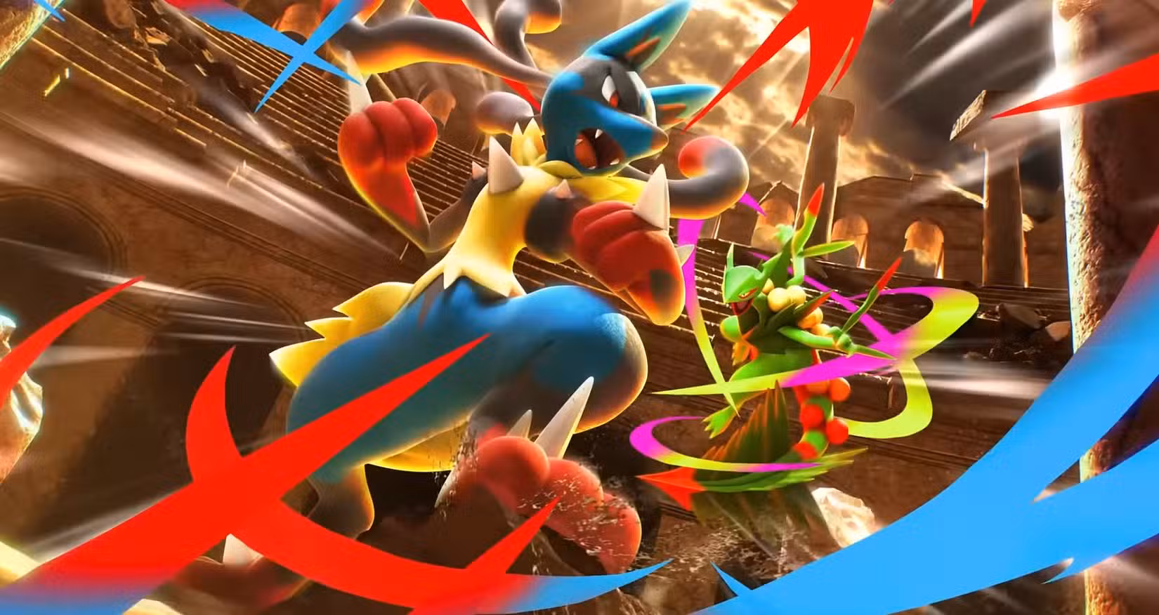 Lucario luta contra Sceptile na arte de bolso do Pokémon Trading Card Game.
