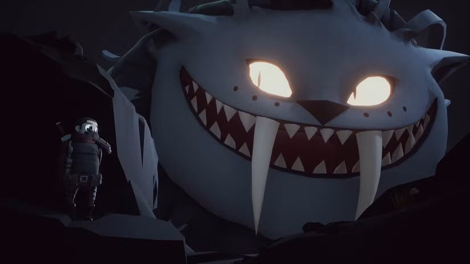 Captura de tela do trailer de Little Devil Inside mostrando um monstro ameaçador olhando para o aventureiro principal