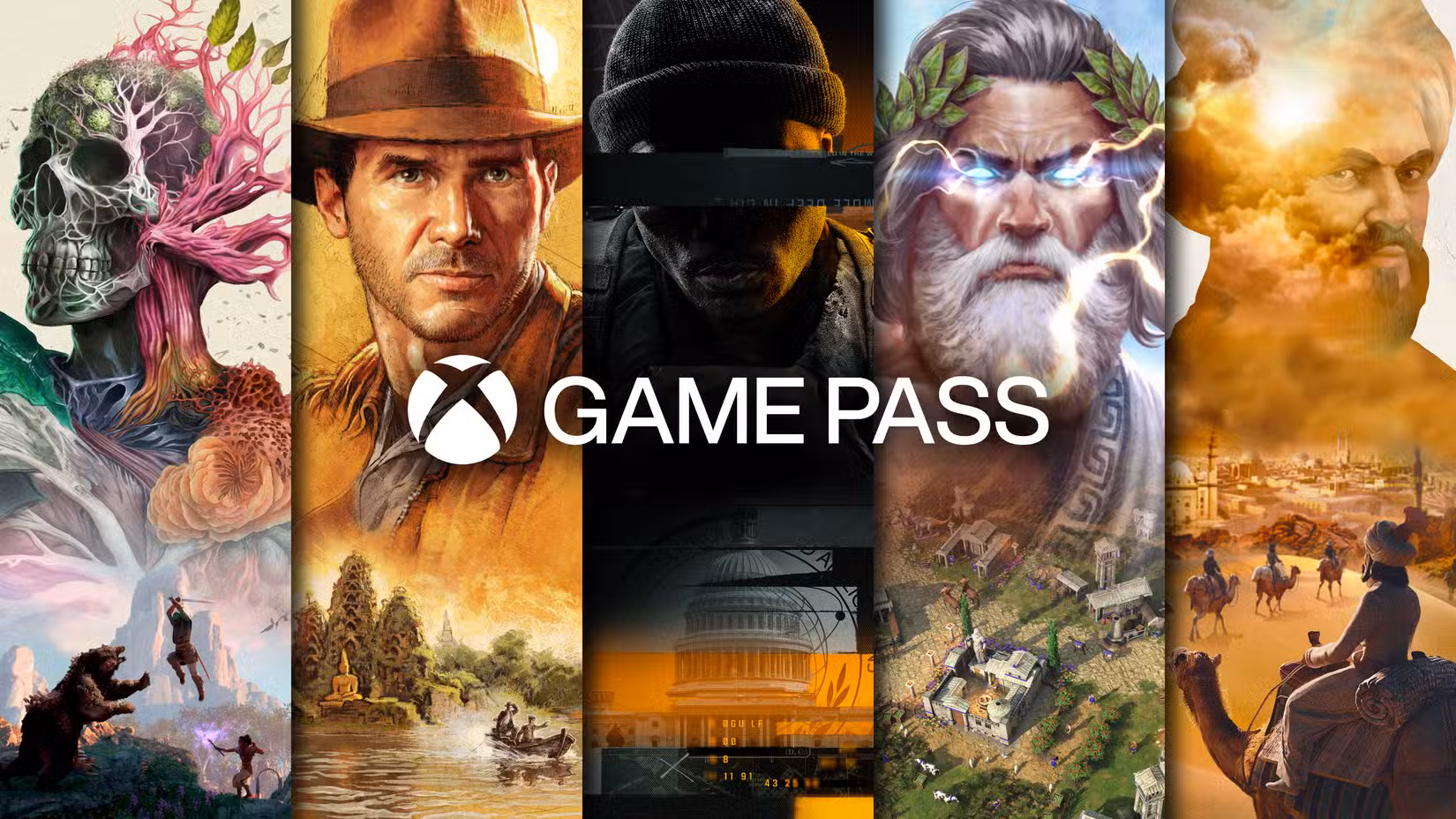 Arte promocional do Game Pass com logotipo e arte de Avowed, Indiana Jones, Call of Duty e Age of Mythology