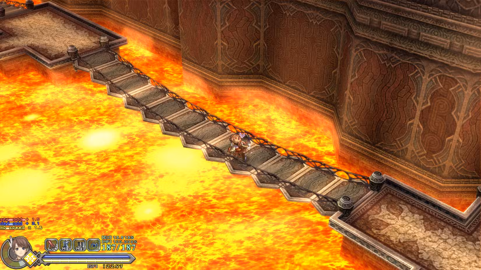 Uma captura de tela do Ys Origin mostrando Yunica em uma ponte sobre lava