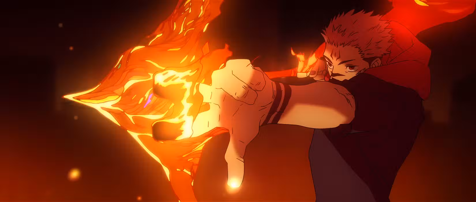 Um Yuji Itadori possuído por Sukuna mirando uma flecha feita de energia ígnea em Jujutsu Kaisen.