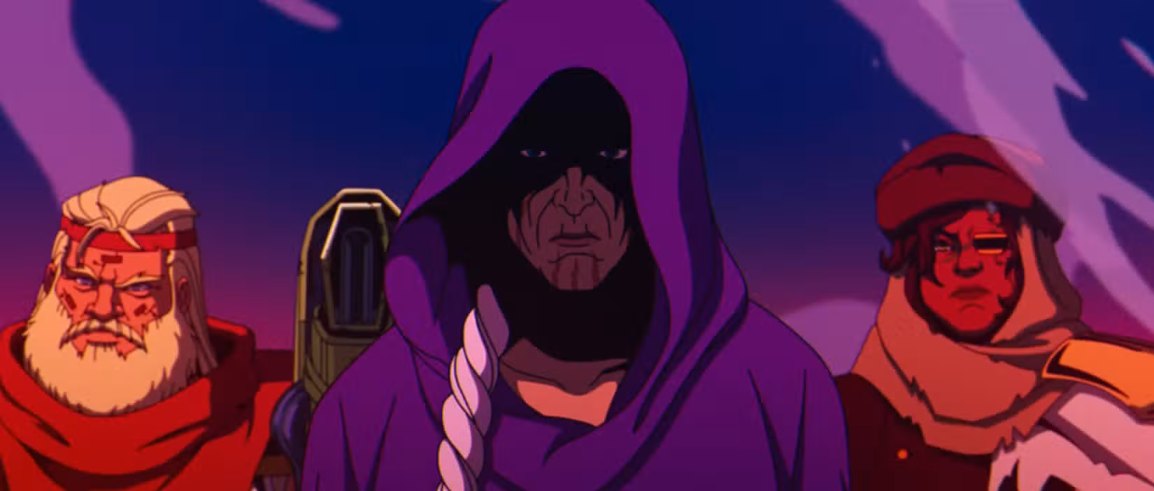 Mãe Askani com seus seguidores em X-Men '97. Ela tem uma longa trança cinza, marcas faciais vermelhas e está vestindo um manto roxo com capuz, de onde seus olhos olham penetrantes. 