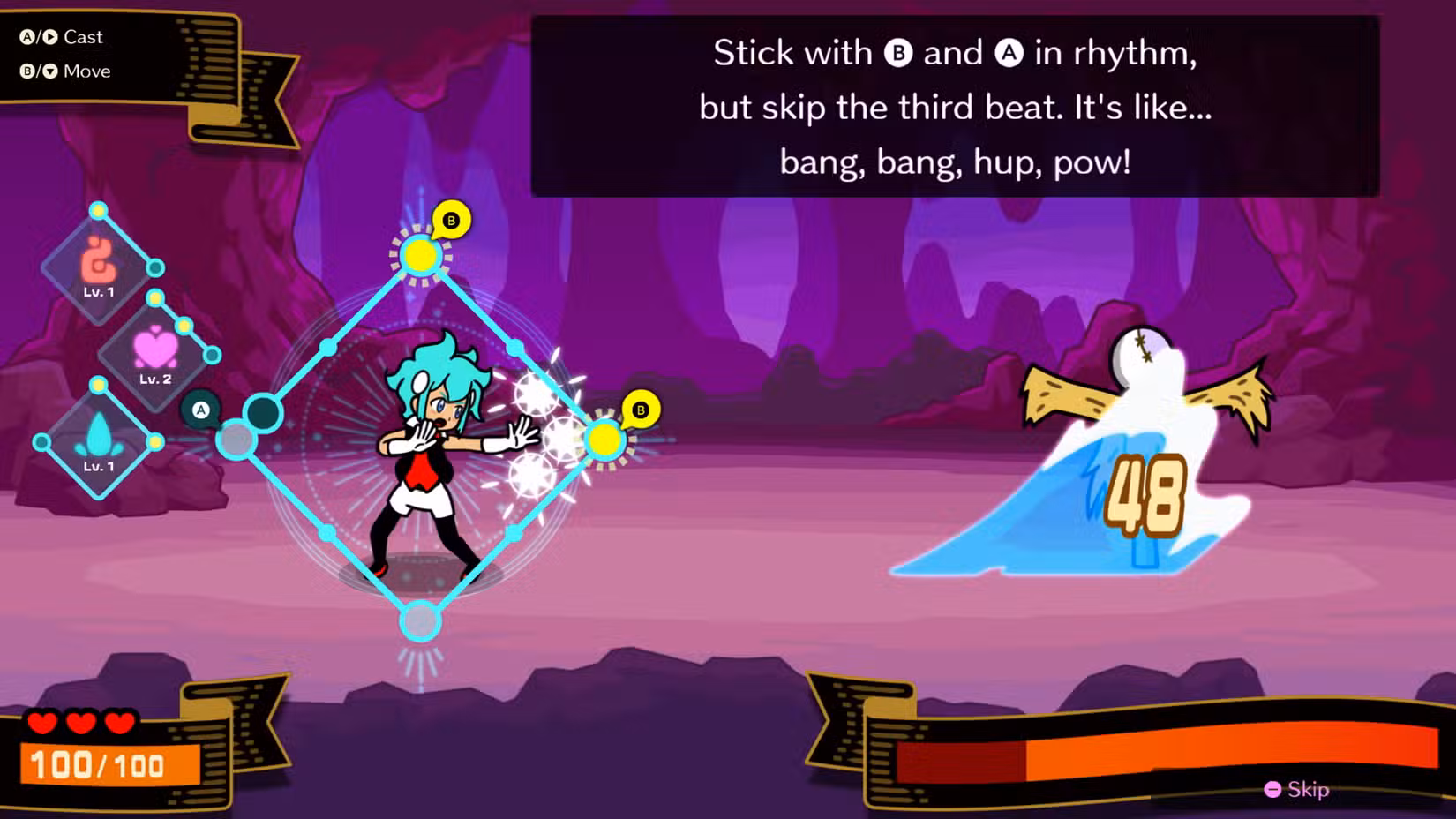 Um personagem lança um feitiço no modo Beatspell de Rhythm Heaven Groove.