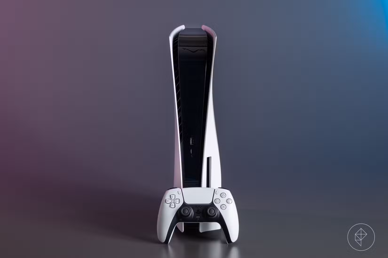 Um controlador DualSense na frente de um console PS5