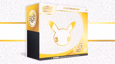 A 30ª Celebration Elite Trainer Box do Pokémon TCG, que apresenta um Pikachu dourado. 